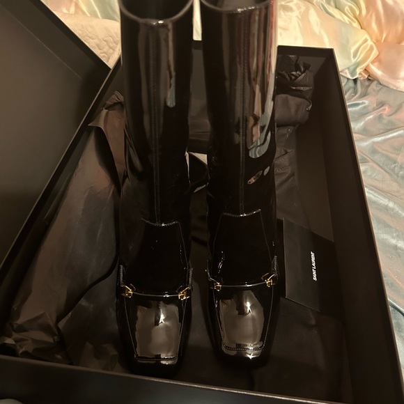 SAINT LAURENT ANKLE BOOTS LALA WOMEN PATENT LEATHER BLACK - Picture 8 of 10